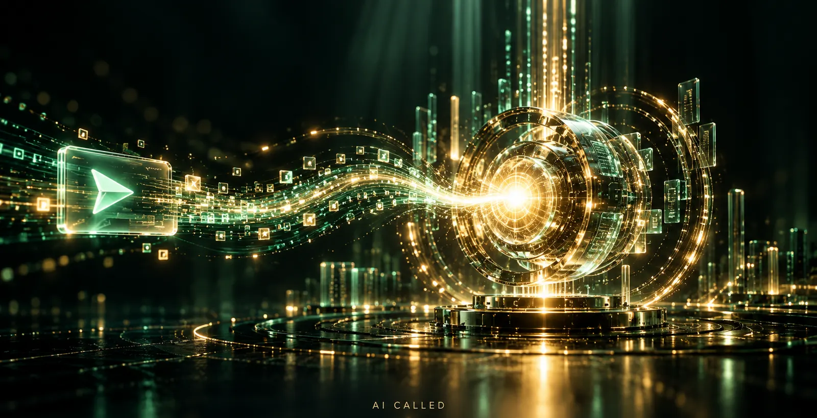 A send-arrow tile streaming into a glowing ring (an action called)