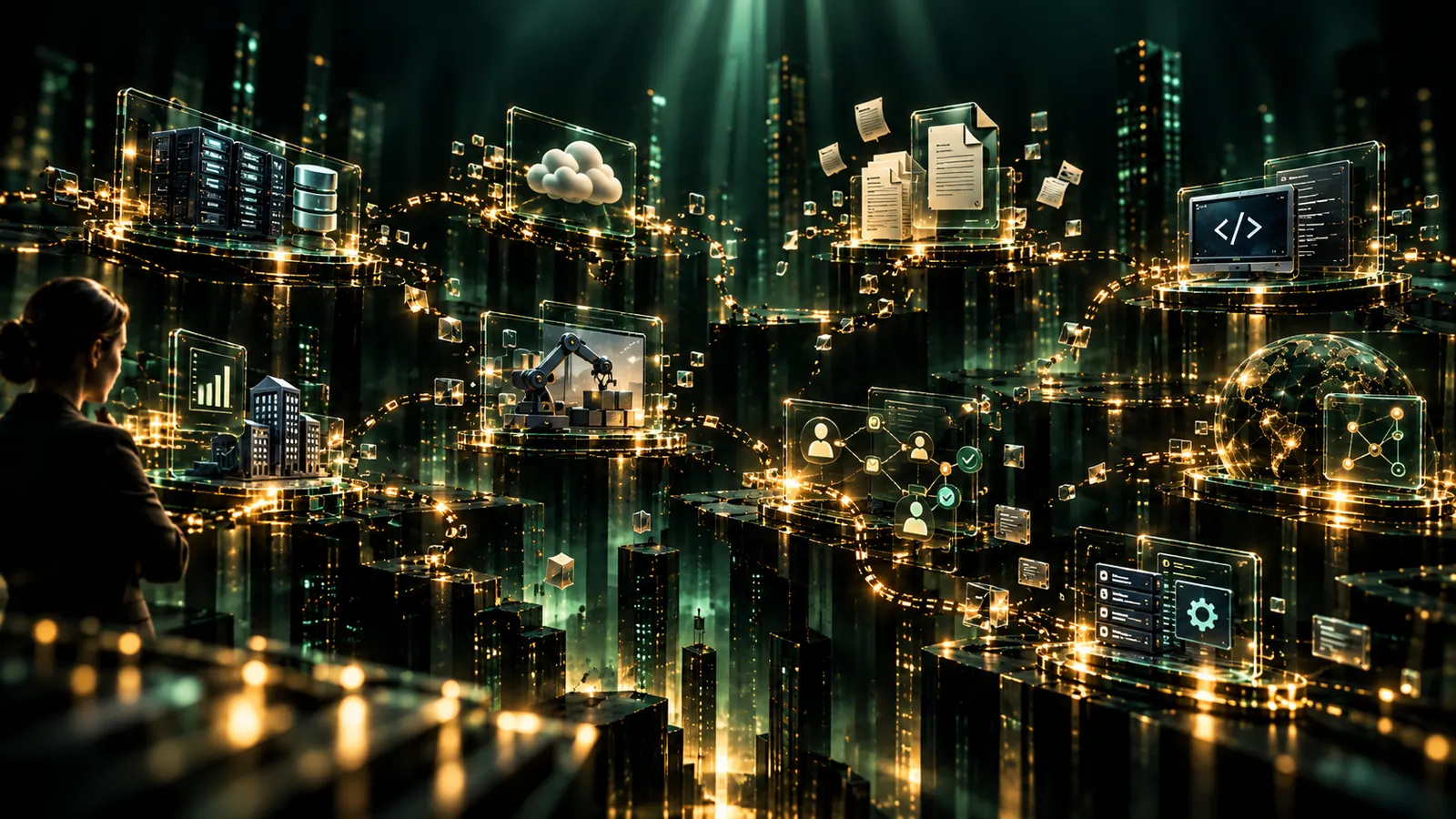 An isometric landscape of platforms — servers, cloud, documents, code, a robot arm, a people-network, a globe — joined by light chains, a woman watching