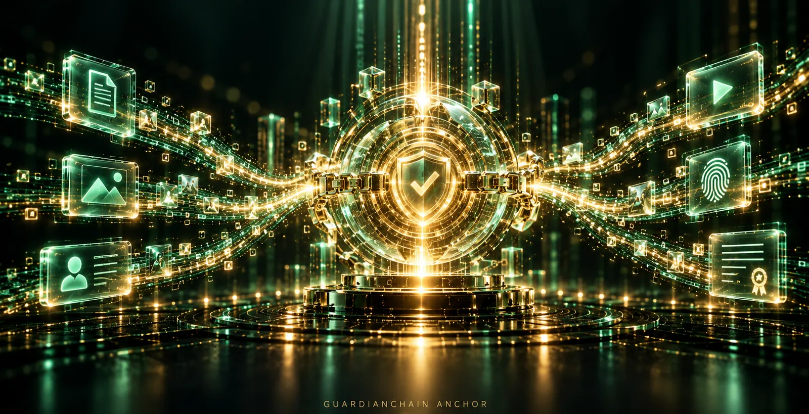 A shield in concentric rings, chains running left and right to tiles of documents, images, fingerprints and award ribbons