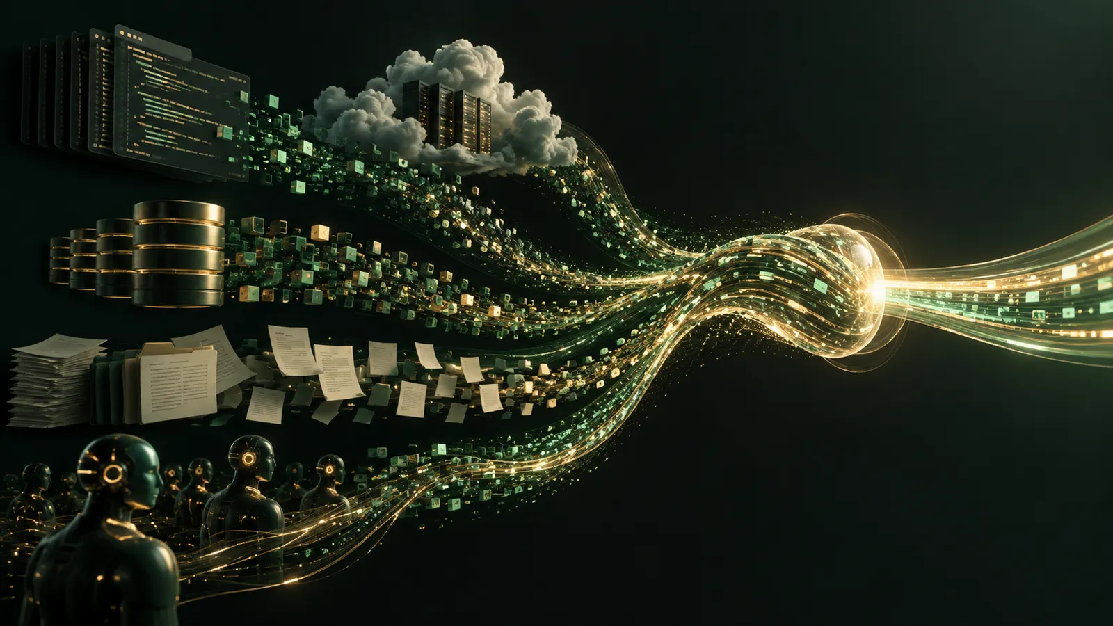 Code, servers, documents and robots streaming into one bright channel